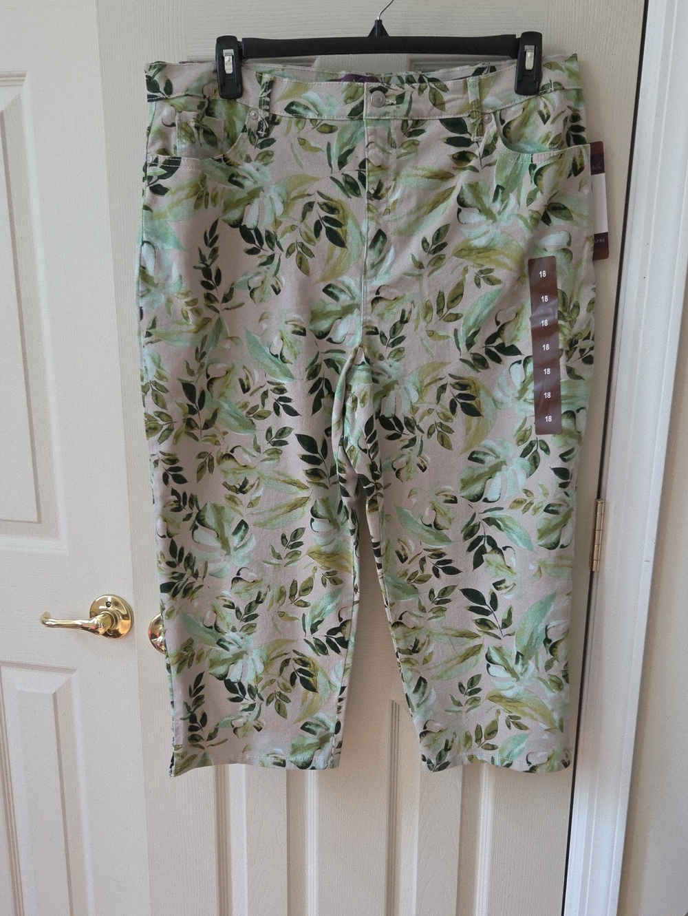 Leaf Print Capri Pants in Green and Cream